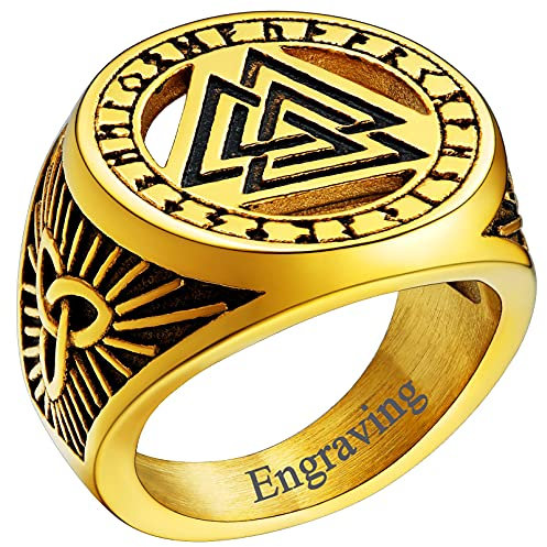 FaithHeart goldener Nordischer Valknut Fingerring im Runenkreis Wikinger Siegelring in Ringgröße 56.9mm Viking Siegelring mit Gravur für Herren Damen Männer