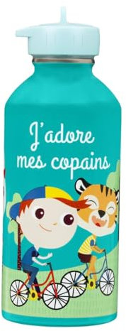 Gourde enfant Acier inoxydable DRAEGER PARIS - Facile à nettoyer - gourde réutilisable - Idéale pour parc, école - Contenance 300ml - 17 cm x 6,5 cm - Vert - Message inscrit : J'adore Mes Copains