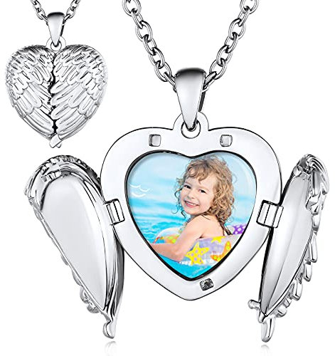 Custom4U Angel Wings Locket Necklace Personalised Silver Heart Shape Photo Pendant with Engraved Text Gifts for Women Mum