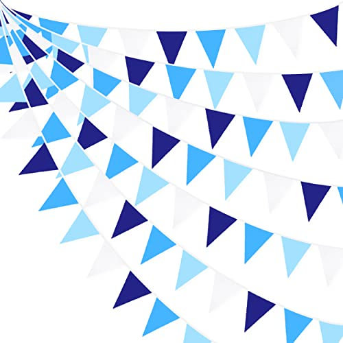 10M/32Ft Blau Weiß Wimpelkette Banner Party Dekorationen Stoff Wimpel Dreieck Flagge Girlande für Hochzeit Geburtstag Babyparty AHOI Anker Seepirat Unter dem Meer Weihnachten Winter Heimdekoration