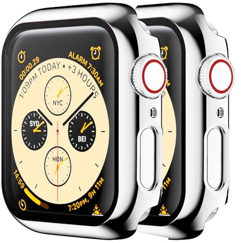 HANKN 2 Piezas Funda para Apple Watch Series 9 8 7 41mm Protector de Pantalla Vidrio Templado Funda, Chapado Dura Proteción Completa Iwatch Estuche (41 mm, Brillante Plata x 2)