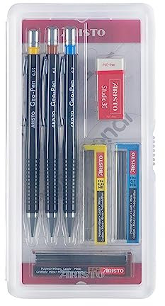 Aristo AR85010 Druckbleistifte Geo Pen Set 7-teilig (Bleistifte in den Strichstärken 0.35/0.50/0.70 mm, Härtegrad HB, inkl. 3 Dosen mit passenden Ersatzminen, Radiergummi Studio30) schwarz