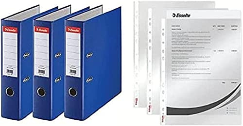Esselte | Pack de 3 Classeurs à levier A4 | Dos 75mm | PP | Bleu| 624291 + Esselte |Pochettes Perforées A4 | Lisse Transparente | Polypropylène 43 Microns | Lot de 100 |13089