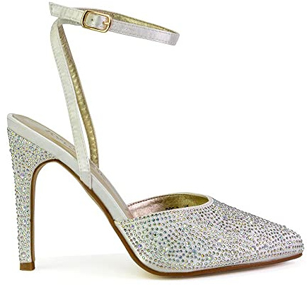 ESSEX GLAM Womens Wedding Shoes Ladies Strappy Diamante Satin Bridal Stilettos Size 3-8