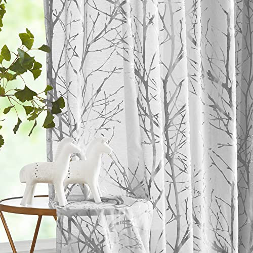 FMFUNCTEX Grau Silber Voile Vorhänge Transparente Gardinen mit Ösen für Wohnzimmer Metallic Zweigen Muster Vorhänge Lichtdurchlässig Ösenschal für Schlafzimmer 2er Set, 175 x 134 cm (H x B)