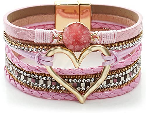 Suyi Wickelarmband Aus Mehrschichtigem Leder Breite Manschettenarmbänder In Herzform Für Frauen Mädchen Pink
