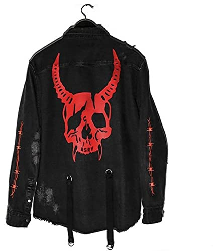 SARGE Veste en Jean Noir Manteau décontracté Harajuku Streetwear Vintage Jean Manteau Gothique Broderie démon Chasseur crâne Hommes Rock Punk Veste