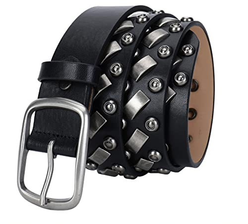 Cintura con borchie in metallo a cerchio luminoso Cinture in pelle con rivetto argento in metallo punk rock adatto per pantaloni da motociclista punk rocker hip hop o jeans,Black~b,115cm/waist:38~40
