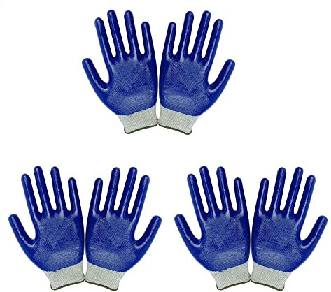 3 Pairs Protective Safety Gloves, Nitrile Palm Coated Work Gloves, Multi-Purpose Non-Slip Gloves for Mechanics, Gardening, Construction - Dark Blue & White