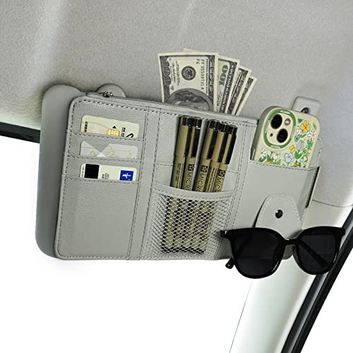 Global-Daily Car Sun Visor Organizer with Multi-Pocket Storage – Faux Leather Visor Pouch for Documents, Cards, Sunglasses, Phone & Pens – Car Interior Accessories for Car, SUV, Truck, Van (Grey)