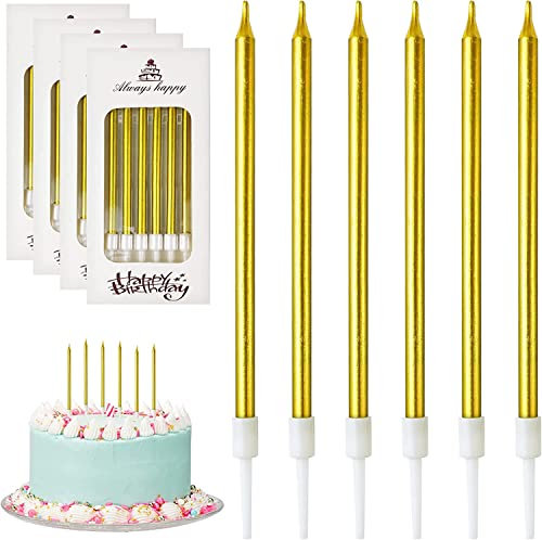 DONQL Geburtstagskerzen Für Torte, 24 Stücke Dünne Lange Golden Geburtstagskerze Mit Haltern Für Geburtstagskerzen Kinder & Erwachsene Für Dekorative Geburtstagstorte, Babyparty, Mädchenparty (Golden)