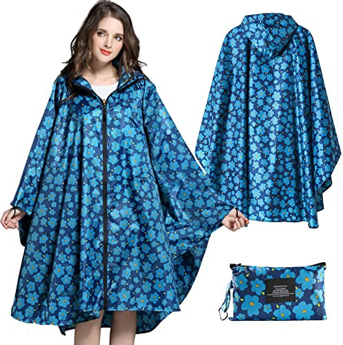 SOPPY Regenmantel für Frauen, Langer Regenponcho wasserdichte Regenbekleidung Regenjacke Winddichte Regencape Raincoat Regenschutzbekleidung mit Pattentasche Kapuze Tunnelzug, Blaue Blumen