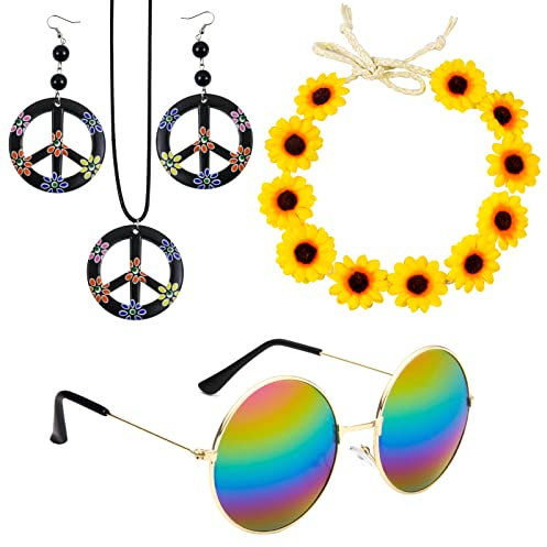 4 Stücke Hippie Kostüm Set, Hippie Accessoires Set Hippie Kostüm Accessoires Enthält Hippie Retro Sonnenbrille Sonnenblumen Hippie Stirnband Friedenszeichen Halskette und Ohrringe für Damen,Herren
