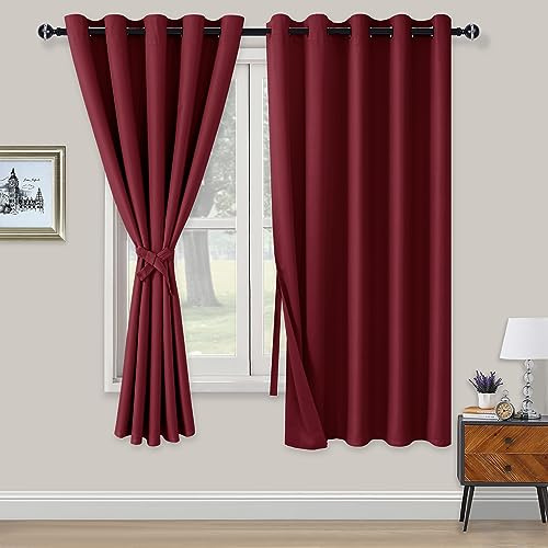 XWZO Blackout Curtains Shades Window Curtain Panels with Tiebacks- Noise Reduction and Thermal Insulated Eyelet Curtains for Bedroom,Living Room,Office,Study Room Burgundy W66xL72
