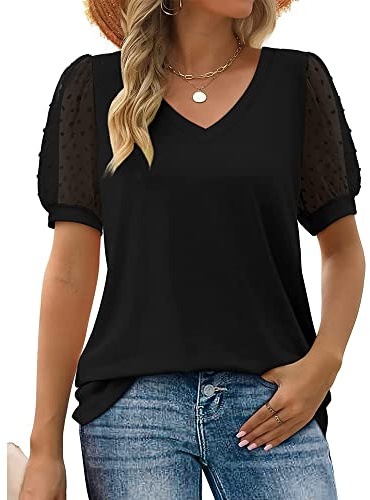 BKEPDY Chemise Femme Col V Chemisier Dentelle Chic et Élégant Tee Shirt Vintage Manche Courtes Blouse Bouffantes Décontracté Tunique Loose Haut Femme d'été à Manches Courtes pour Femme
