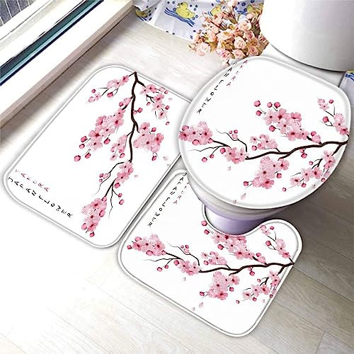 Badematte Set 3 Teilig 40x60 Japanische Kirschblüten Badematten 3D rutschfest Waschbar Badvorleger WC Vorleger Deckelbezug U-Förmige Badteppich Badezimmer Blume Rosa Badezimmerdekoratio