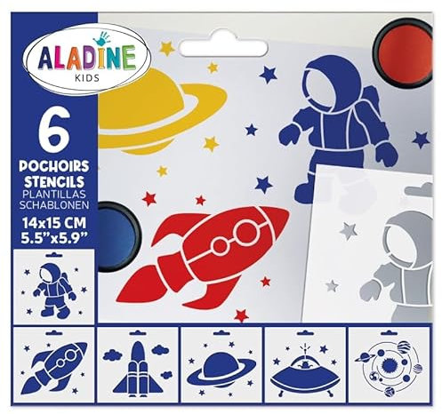 Aladine - 6 Schablonen für Kinder Space – 15 x 12,5 cm – für Dekoration aller Oberflächen – Schablone aus Filz, Malerei, Airbrush – Zeichnung A4