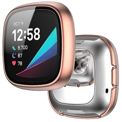 Hülle mit Glas Displayschutz Kompatibel mit Fitbit Sense/Versa 3 Smartwatch - Hart PC Schutzhülle Vollschutz Kratzfest Display Schutzfolie Ultradünne Schutz Case für Fitbit Sense/Versa 3 (Roségold)