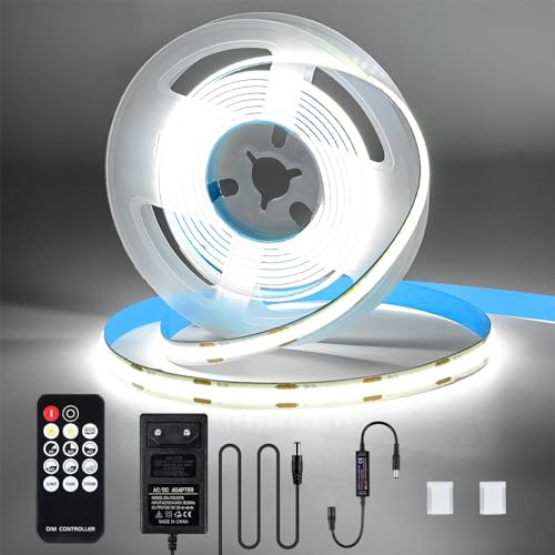 KWODE COB LED Streifen kaltesWeiß 2M 640LEDs COB LED Strip 6000K LED Band Dimmbar mit Fernbedienung & Netzteil, 12V Lichtband Leiste Lichterkette für TV Wohnzimmer Party DIY Dekoration