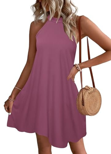 WNEEDU Robe d'éte Femmes Robes Plage Court Robe Col Licou sans Manches Décontracté avec Poches Mauve XXL