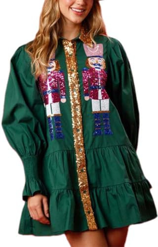 ZENMANCHEN Sequin Skirt Nutcracker Shirt Dress Holiday Dresses for Women Christmas Skirt Nutcracker Sweatshirt Cute Clothes, 1-green, L