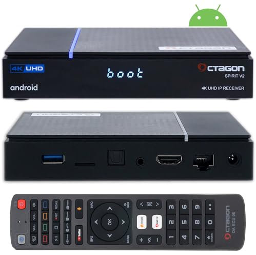 Octagon Spirit PRO 4K UHD HDR10+ Smart Android TV OTT IP Media TV Box, 5G WLAN, Bluetooth 5.1, Telecomando, Controllo vocale, Playstore, Widevine Level L1, MeTV Player + EasyMouse HDMI