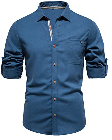 BOTCAM Chemise blanche pour homme - Coupe droite - En coton - Tendance - Décontractée - Brodée - Couleur unie - Manches longues - Noir - Manches longues, bleu, XXL