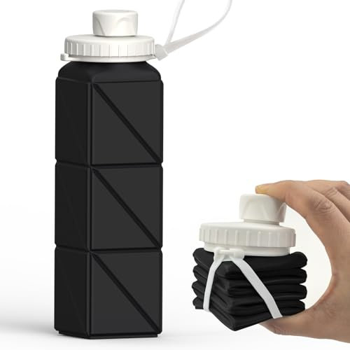BEAUTAIL Bouteille d'eau pliable en silicone - 610 ml - Légère, réutilisable, étanche - Pour voyage, camping, randonnée, cyclisme, yoga, sports de plein air (Noir)