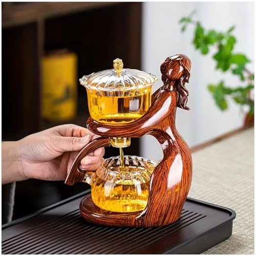 Tetera de Té Magnética Lazy Kungfu, Tetera de Vidrio Semiautomática, Tetera de Goteo Lazy Kungfu, Tetera Magnética con Tapa Giratoria Adecuada para Set de Té para Recepción en Hogar/Oficina (Señorita