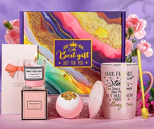 Best Friend Birthday Gifts for Women, Good Fiends are Like Stars Coffee Mug, Friendship Gifts Valentines for Friends, Girls , Sister, Besties, BFF, 14Oz Pink Funny Gold Print Marble Cup Set, Gift Box