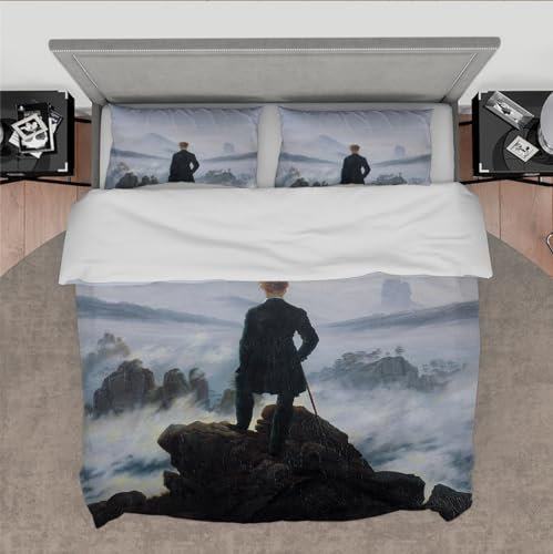 DINGSION Caspar David Friedrich Style Bettwäsche-Set 3-teilig Der Wanderer über dem Nebelmeer Schlafzimmer-Bettwäsche-Set mit 2 Kissen-Shams-Reißverschluss 180 x 220 cm