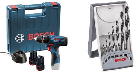 Bosch Professional 12V System Cordless Combi Drill GSB 120-LI (incl 2 x 1.5 Ah Battery, Charger GAL 1210 CV, Carrying Case) + Metal Twist Drill HSS-Set PointTeQ X-Pro Line 7-Piece, 2-10 mm