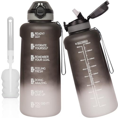 DEARRAY 2l / 2 litres Tritan Sport Gourde Graduée avec Paille et Marqueur de Temps de Motivation, 2000ml Grande Bouteille sans BPA eau pour Fitness, Gym, Randonnée,Voyage