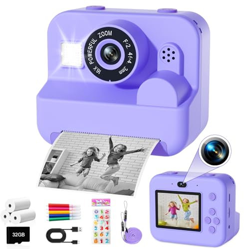 GKTZ Cámara de Fotos Instantáneas - Doble Cámara Fotos Infantil con Papel de Impresión y Tarjeta SD de 32G, Regalo para Niños de 3 a 14 años (Morado)