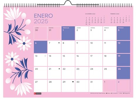 Miquelrius - Wandkalender 2025, A3 Kalender, 420 x 296 mm, mit Notizfeld, Kalender 2025, Doppelspiralbindung, Jahreskalender zum Aufhängen, Spanisch, Blumenmotiv