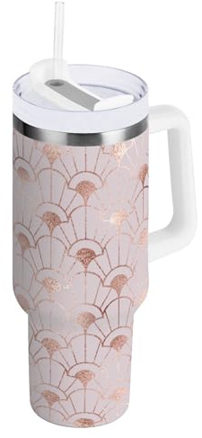 Caihoyu Vacuum Coldee Tumbler with Lid and Straw Running Water Bottle Wide Mouth Coffee Mug Travel for Water, Iced Tea or Coffee 1,2 l Rose Gold Decorative Flower Shape