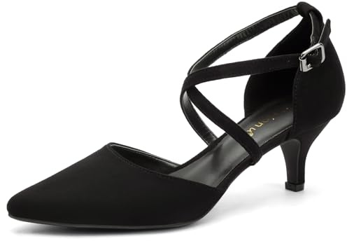 Greatonu Womens Ladies Pointed Toe Court Shoes Cross Strap Kitten Mid Low Heel Wedding Bridal Pumps Black UK 7.5