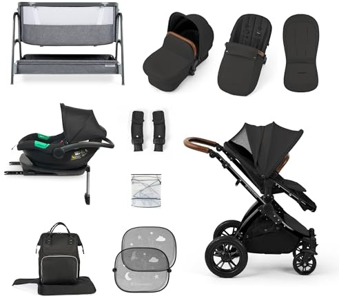 Ickle Bubba Stomp Luxe i-Size Cirrus Travel & Home 14-Piece Bundle with ISOFIX Base & Bubba&Me Bedside Crib – All-Terrain Pushchair with Accessories, Birth to 4 Years* (Silver/Charcoal Grey/Black)