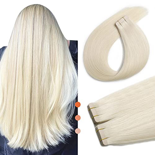 XDhair Tape Extensions Echthaar Platinblond 20pcs 50g 40cm Tape Platinblond Invisible Tape Extensions Echthaar Tape Haarverlängerungen Echte Menschliches Haar (#60-16)