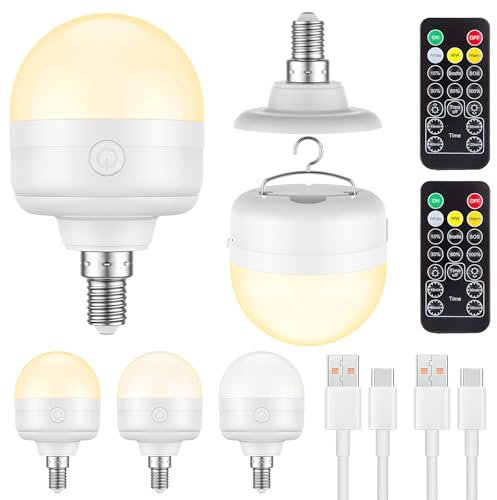LGMCF Bombilla recargable, E14 regulable, bombilla LED con gancho oculto y mando a distancia, 10 W, 3 colores, con funk tion para camping, luz de emergencia con magnético, 2 unidades
