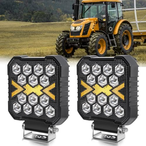 BraveWAY 2PCS 30W 15000LM Phare De Travail Led Carré, 4 Pouces Phare De Travail12v 24v, Projecteur Ambre Blanc Pour Suv, Camion, Moto, Tracteur, Suv, Tracteur