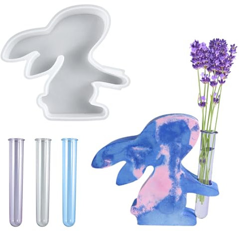 Silikonform für Hydrokultur Vase, Ostern Hase Silikonformen Gießformen, Epoxidharz Pflanzgefäß Silikonform mit 3 Reagenzgläsern, Kreative Vasenanordnung Blume Desktop Dekoration Form(Kaninchen)
