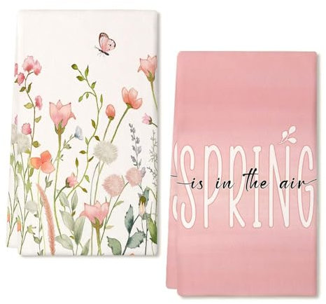 YUNHENTONG Geschirrtücher Frühling, 2 Stück Küchenhandtücher Frühling, Lustige Geschirrtuch Küchentücher Blumen Geschirr Handtücher für Frühlingshafte Küchenutensilien, 40 x 60 cm (Rosa)