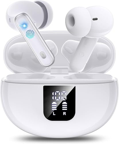EUQQ Auriculares Bluetooth intrauditivos, Auriculares inalámbricos ANC Bluetooth 5.4, Modo Transparencia Cascos Sonido estéreo con Graves Profundos, 36H Tiempo de reproducción Pantalla LED, Blanco