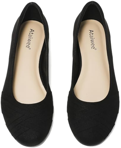 Ataiwee Women's Wide Width Flats Shoes - Elegant Slip-on Ballet Flats with Solid Color Round Toe Design.(1910002-2412, BK/MF, UK7 Wide)
