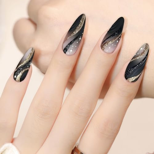 Zernblend Lot de 24 ongles à presser en forme d'amande moyenne Noir avec lignes dorées Pour la Saint-Valentin