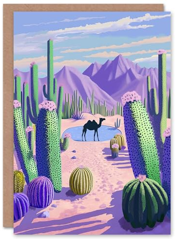 Artery8 Greeting Card Desert Oasis Cacti Camel Purple Green Landscape Blank For Him Or Her Art Birthday Card