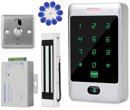 ReaIOKbii Standalone Access Control System Kit RFID Keypad Touch Metal Keypad Door Card Reader 180KG/350LBs Magnetic Lock Stainless Steel Exit Button 10 ID Keychains