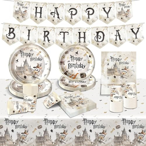 Partygeschirr Kinder Wizard Geburtstag Deko-52Pcs Pappteller Tischdecke Banner Kindergeburtstag Junge Mädchen Geburtstags Geschirr Birthday Party Tableware Supplies Kit Teller Servietten Tassen