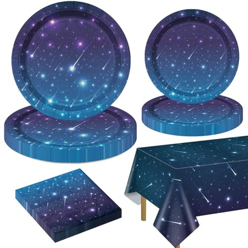 QUERICKY Outer Space Party Decorations for 20 Guests, Tableware Set Includes Starry Night Paper Plates, Napkins, Tablecloth for Kids Space Galaxy Theme Birthday Decor